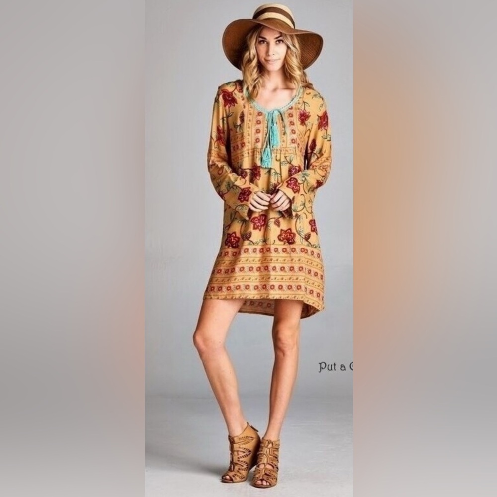 Velzera floral taupe long sleeve mint boho bohemian tunic dress size S